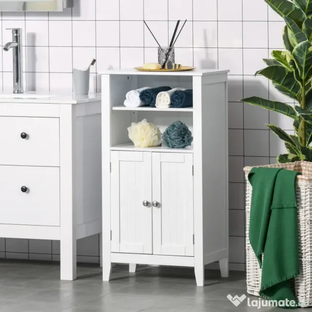 Kleankin Dulpa pentru Baie cu Rafturi Reglabile si 2 Usi din Lemn, Alb 50x30x93cm