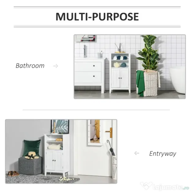 Kleankin Dulpa pentru Baie cu Rafturi Reglabile si 2 Usi din Lemn, Alb 50x30x93cm