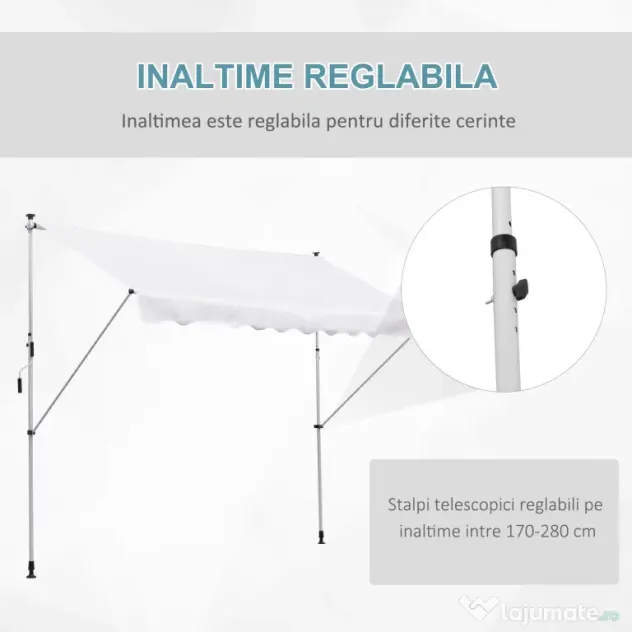 Outsunny Copertina de Perete cu Stâlpi de Sprijin, Protecție UV, Alba, 300x150 cm | Aosom Romania