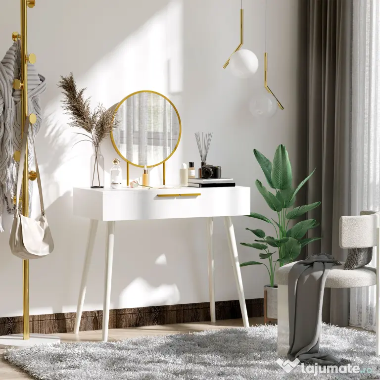 HOMCOM Masă de Toaletă/Machiaj cu Oglindă și 2 Sertare pentru Accesorii, Toaletă de Machiaj din Lemn, 80x40x123 cm, Alb | Aosom Romania