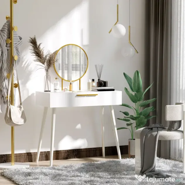 HOMCOM Masă de Toaletă/Machiaj cu Oglindă și 2 Sertare pentru Accesorii, Toaletă de Machiaj din Lemn, 80x40x123 cm, Alb | Aosom Romania