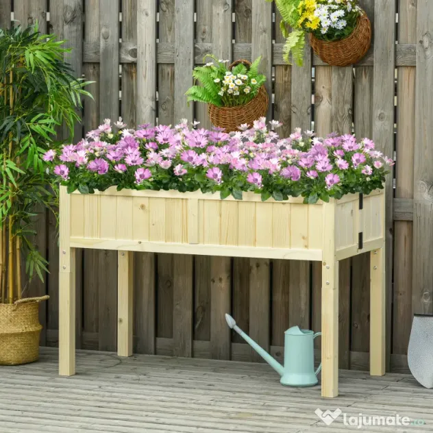 Outsunny Jardinieră Ridicată Pliabilă, Pat pentru Grădină în Lemn de Brad cu 4 Orificii de Drenaj, pentru Grădină, Terasă, Balcon, 115x56x76 cm, Culoare Lemn