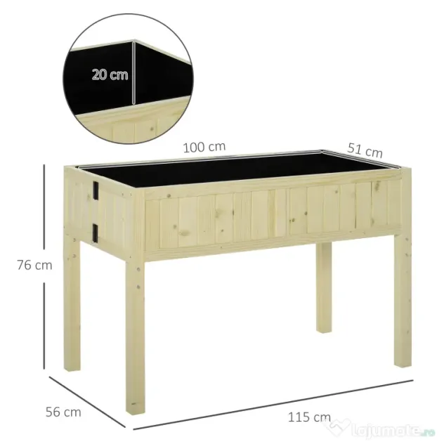 Outsunny Jardinieră Ridicată Pliabilă, Pat pentru Grădină în Lemn de Brad cu 4 Orificii de Drenaj, pentru Grădină, Terasă, Balcon, 115x56x76 cm, Culoare Lemn