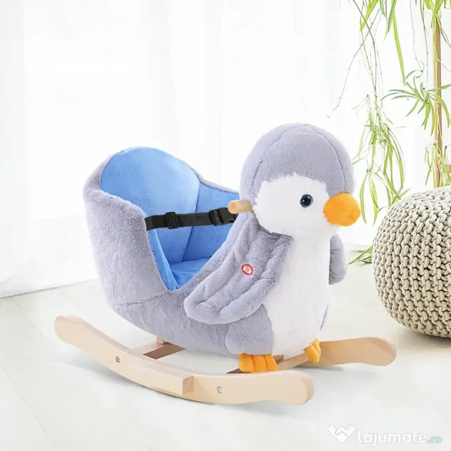 HOMCOM Balansoar Pinguin din Pluș cu Melodii și Centură de Siguranță, Balansoar pentru Copii, 60x33x50 cm, Gri | Aosom Romania