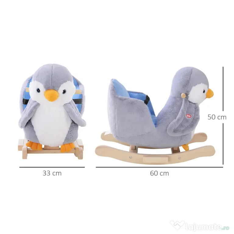 HOMCOM Balansoar Pinguin din Pluș cu Melodii și Centură de Siguranță, Balansoar pentru Copii, 60x33x50 cm, Gri | Aosom Romania