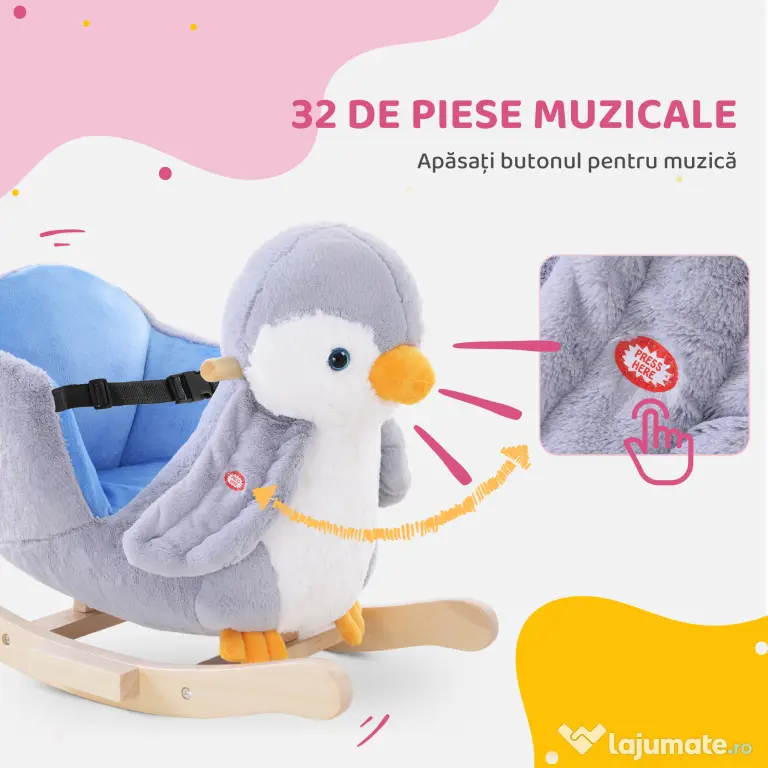 HOMCOM Balansoar Pinguin din Pluș cu Melodii și Centură de Siguranță, Balansoar pentru Copii, 60x33x50 cm, Gri | Aosom Romania