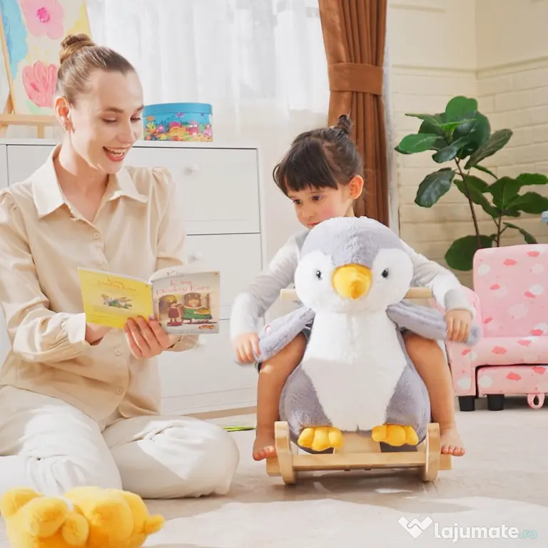 HOMCOM Balansoar Pinguin din Pluș cu Melodii și Centură de Siguranță, Balansoar pentru Copii, 60x33x50 cm, Gri | Aosom Romania