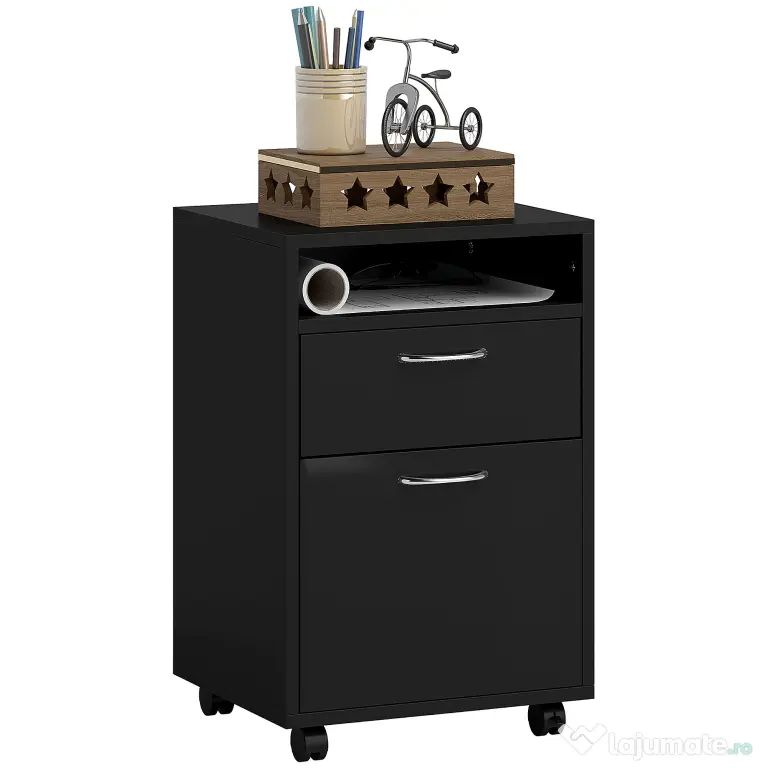 HOMCOM Dulap Mobil cu 4 Roți (2 cu Frână), Raft și 2 Sertare pentru Documente, PAL și Metal, 40x35x60 cm, Negru | Aosom Romania
