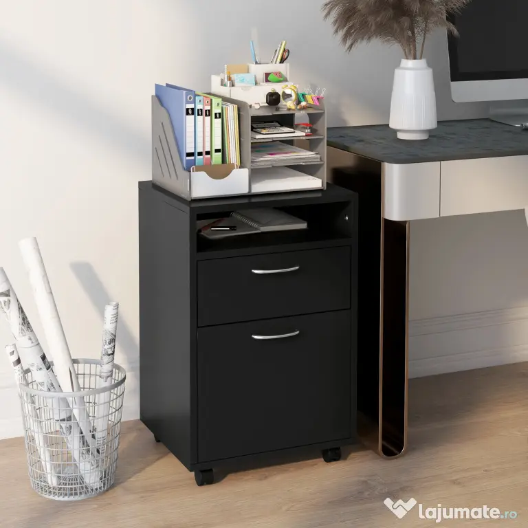 HOMCOM Dulap Mobil cu 4 Roți (2 cu Frână), Raft și 2 Sertare pentru Documente, PAL și Metal, 40x35x60 cm, Negru | Aosom Romania