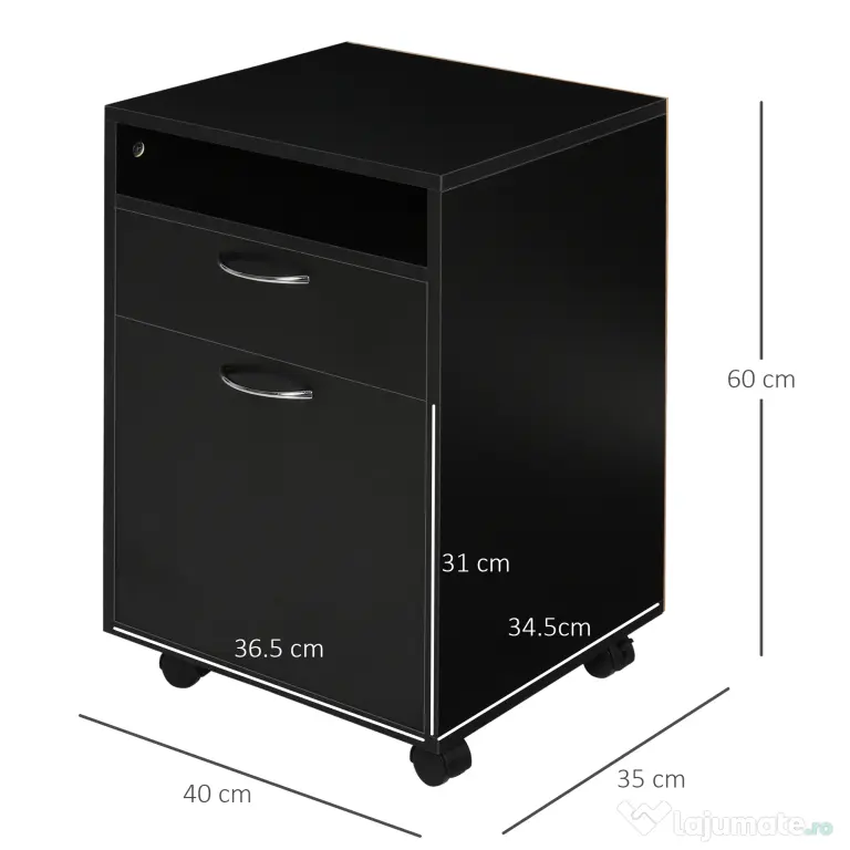 HOMCOM Dulap Mobil cu 4 Roți (2 cu Frână), Raft și 2 Sertare pentru Documente, PAL și Metal, 40x35x60 cm, Negru | Aosom Romania
