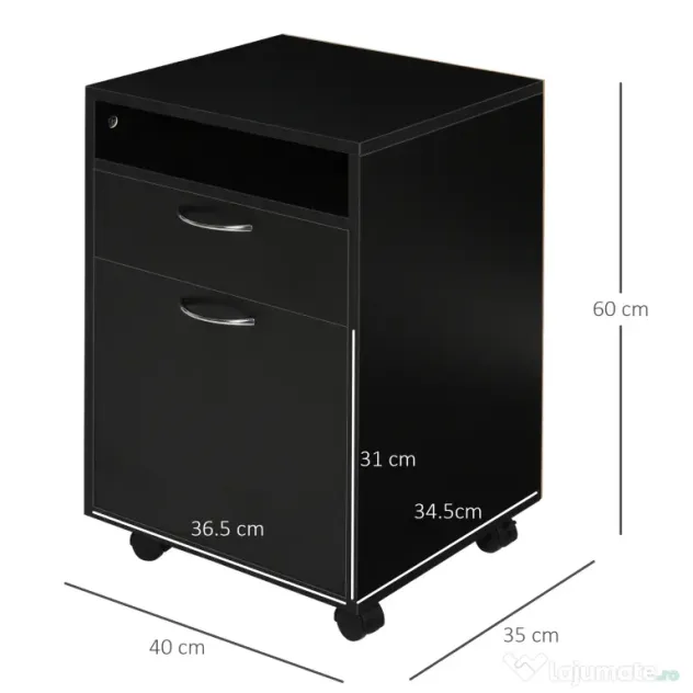 HOMCOM Dulap Mobil cu 4 Roți (2 cu Frână), Raft și 2 Sertare pentru Documente, PAL și Metal, 40x35x60 cm, Negru | Aosom Romania