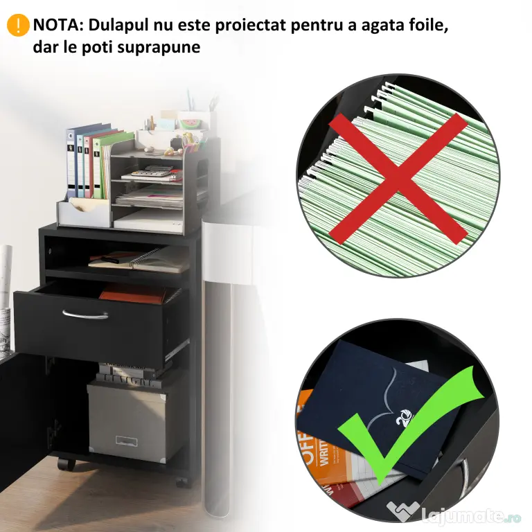 HOMCOM Dulap Mobil cu 4 Roți (2 cu Frână), Raft și 2 Sertare pentru Documente, PAL și Metal, 40x35x60 cm, Negru | Aosom Romania