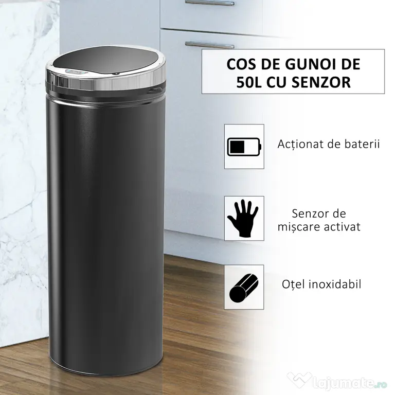 HOMCOMCoș de Gunoi Automat cu Senzor Infraroșu, Capacitate 50L, din Oțel Inoxidabil și ABS, Deschidere Inteligentă Fără Atingere, Negru