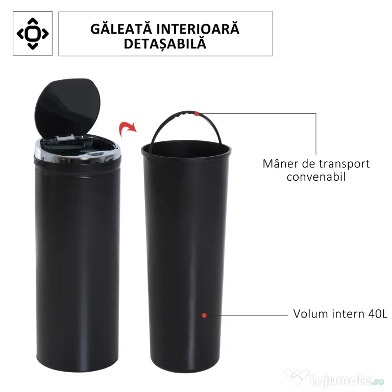 HOMCOMCoș de Gunoi Automat cu Senzor Infraroșu, Capacitate 50L, din Oțel Inoxidabil și ABS, Deschidere Inteligentă Fără Atingere, Negru