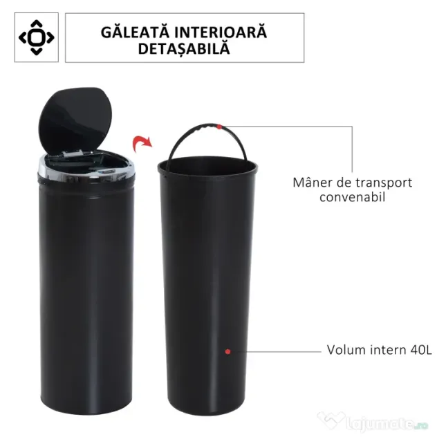 HOMCOMCoș de Gunoi Automat cu Senzor Infraroșu, Capacitate 50L, din Oțel Inoxidabil și ABS, Deschidere Inteligentă Fără Atingere, Negru