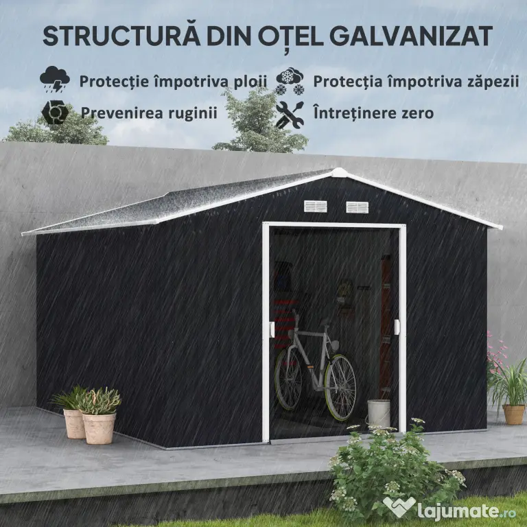 Magazie de Depozitare de 277x322x192cm din Metal pentru Unelte de Gradina cu Usi Glisante Duble, Gri Inchis Outsunny | Aosom RO
