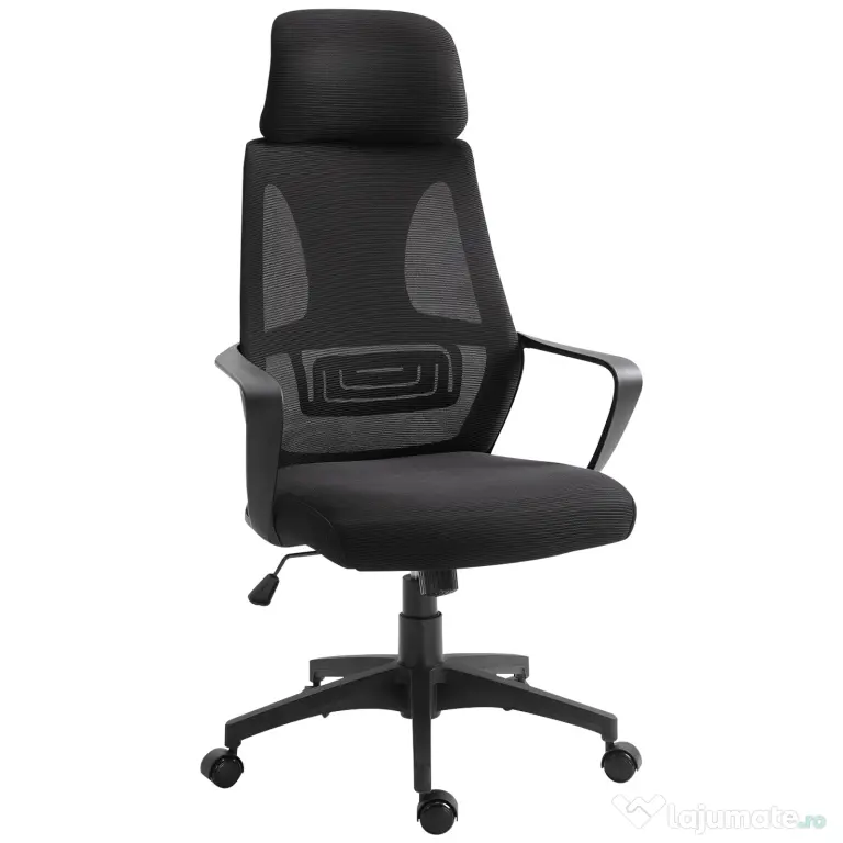 Vinsetto Scaun de Birou Ergonomic cu Brațe și Tetieră Reglabilă, Scaun Pivotant cu Suport Lombar, 64x55x116-126 cm, Negru | Aosom Romania