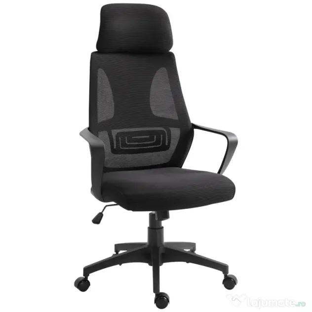 Vinsetto Scaun de Birou Ergonomic cu Brațe și Tetieră Reglabilă, Scaun Pivotant cu Suport Lombar, 64x55x116-126 cm, Negru | Aosom Romania