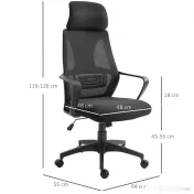 Vinsetto Scaun de Birou Ergonomic cu Brațe și Tetieră Reglabilă, Scaun Pivotant cu Suport Lombar, 64x55x116-126 cm, Negru | Aosom Romania
