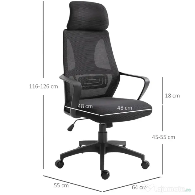 Vinsetto Scaun de Birou Ergonomic cu Brațe și Tetieră Reglabilă, Scaun Pivotant cu Suport Lombar, 64x55x116-126 cm, Negru | Aosom Romania