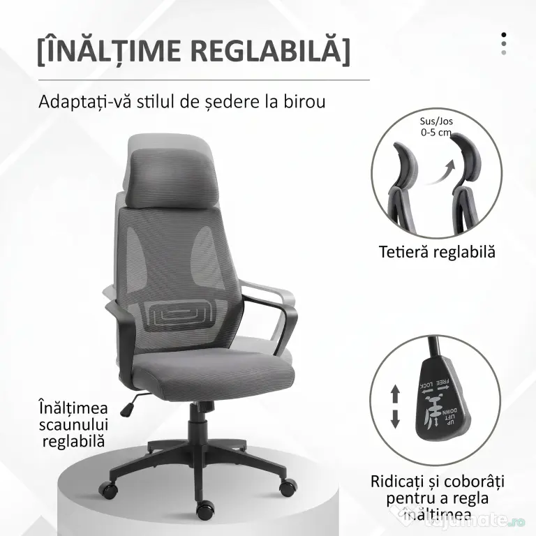 Vinsetto Scaun de Birou Ergonomic cu Brațe și Tetieră Reglabilă, Scaun Pivotant cu Suport Lombar, 64x55x116-126 cm, Negru | Aosom Romania