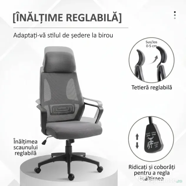 Vinsetto Scaun de Birou Ergonomic cu Brațe și Tetieră Reglabilă, Scaun Pivotant cu Suport Lombar, 64x55x116-126 cm, Negru | Aosom Romania