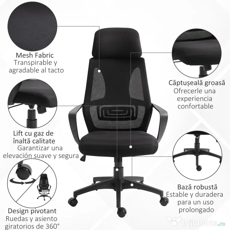 Vinsetto Scaun de Birou Ergonomic cu Brațe și Tetieră Reglabilă, Scaun Pivotant cu Suport Lombar, 64x55x116-126 cm, Negru | Aosom Romania