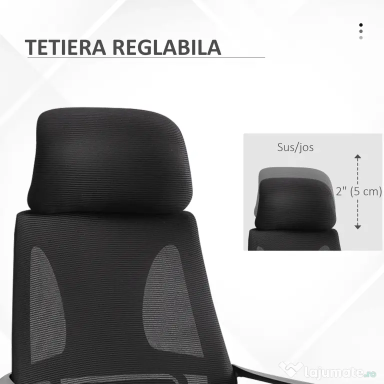 Vinsetto Scaun de Birou Ergonomic cu Brațe și Tetieră Reglabilă, Scaun Pivotant cu Suport Lombar, 64x55x116-126 cm, Negru | Aosom Romania