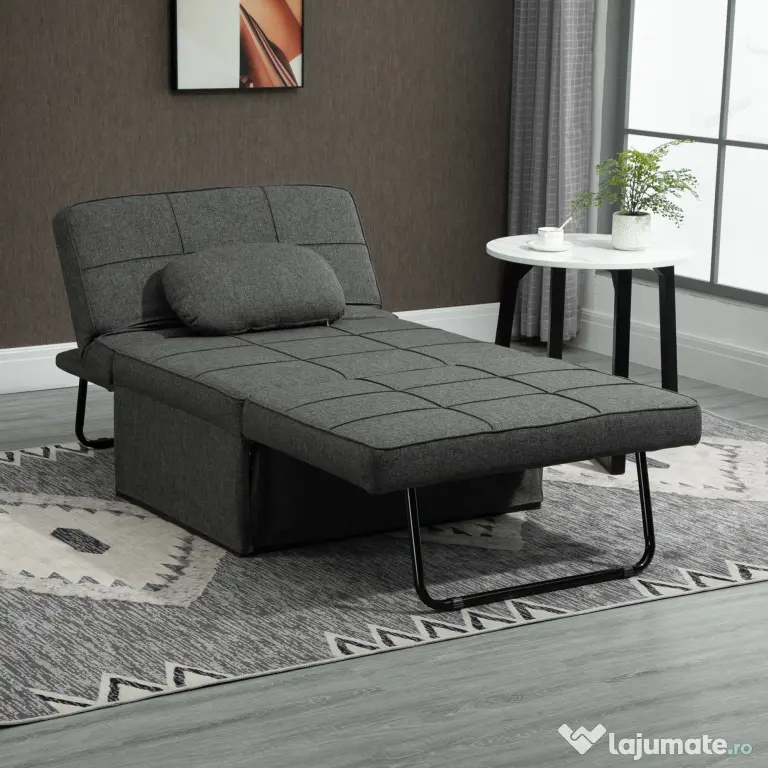 HOMCOM Canapea extensibilă cu Spătar Reglabil pe 5 Nivele și Pernă Suplimentară, 95x179x78 cm, Gri | Aosom Romania
