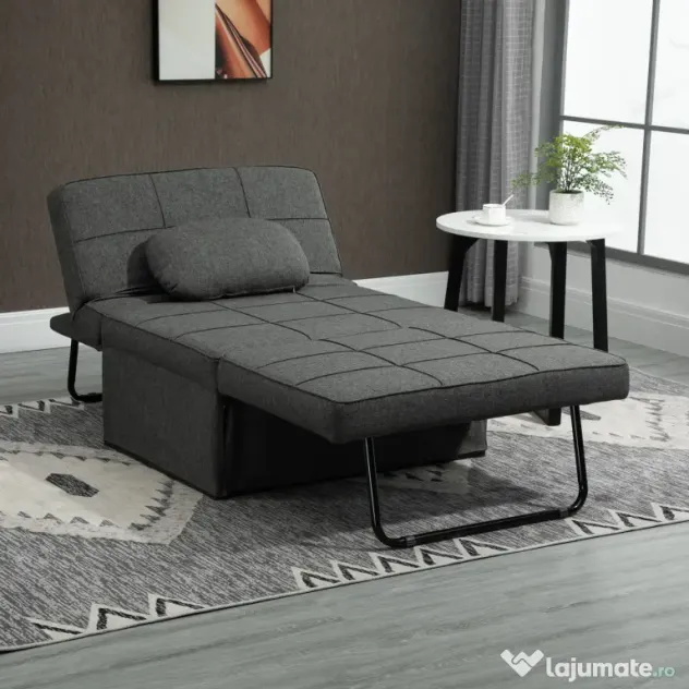 HOMCOM Canapea extensibilă cu Spătar Reglabil pe 5 Nivele și Pernă Suplimentară, 95x179x78 cm, Gri | Aosom Romania