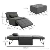 HOMCOM Canapea extensibilă cu Spătar Reglabil pe 5 Nivele și Pernă Suplimentară, 95x179x78 cm, Gri | Aosom Romania