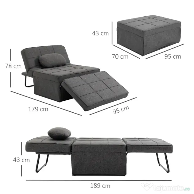 HOMCOM Canapea extensibilă cu Spătar Reglabil pe 5 Nivele și Pernă Suplimentară, 95x179x78 cm, Gri | Aosom Romania