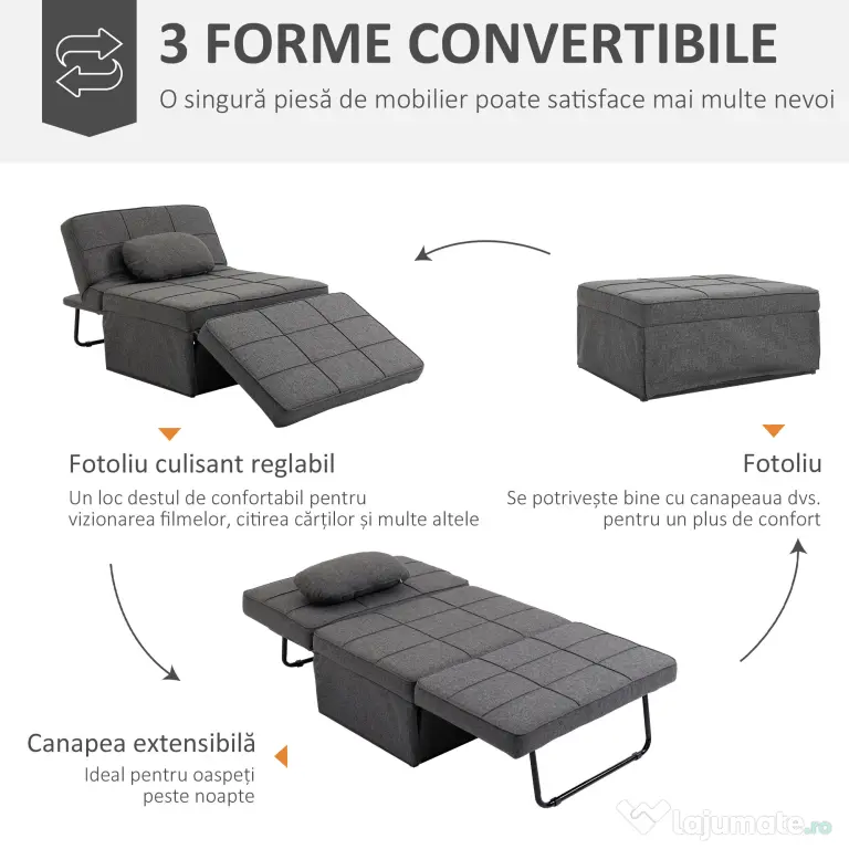 HOMCOM Canapea extensibilă cu Spătar Reglabil pe 5 Nivele și Pernă Suplimentară, 95x179x78 cm, Gri | Aosom Romania