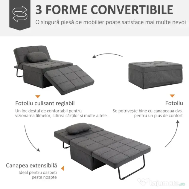 HOMCOM Canapea extensibilă cu Spătar Reglabil pe 5 Nivele și Pernă Suplimentară, 95x179x78 cm, Gri | Aosom Romania