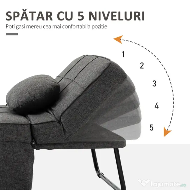 HOMCOM Canapea extensibilă cu Spătar Reglabil pe 5 Nivele și Pernă Suplimentară, 95x179x78 cm, Gri | Aosom Romania