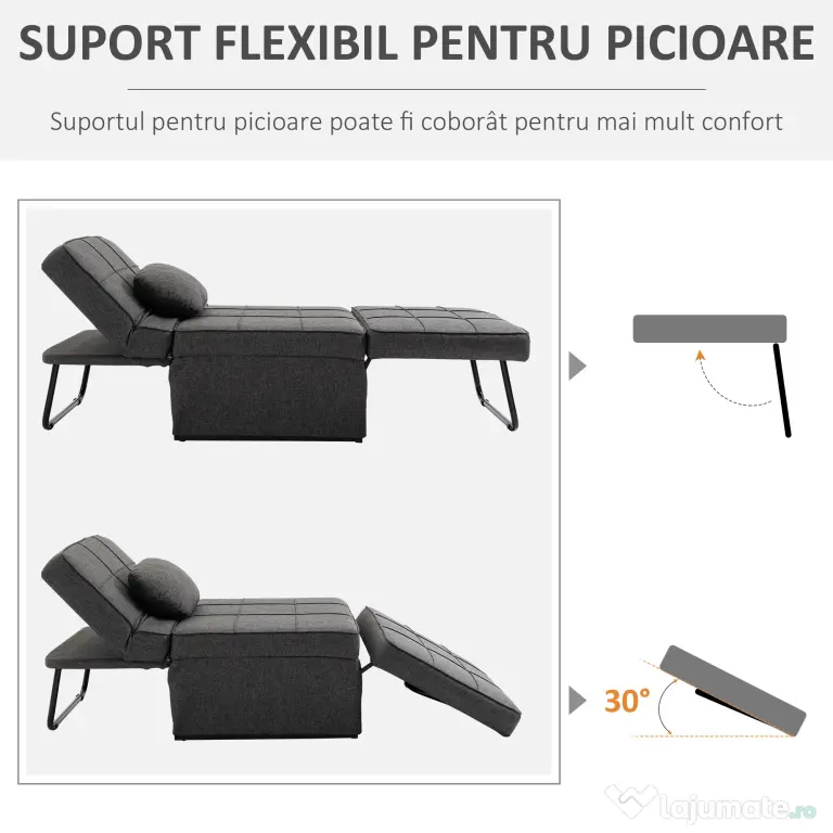 HOMCOM Canapea extensibilă cu Spătar Reglabil pe 5 Nivele și Pernă Suplimentară, 95x179x78 cm, Gri | Aosom Romania