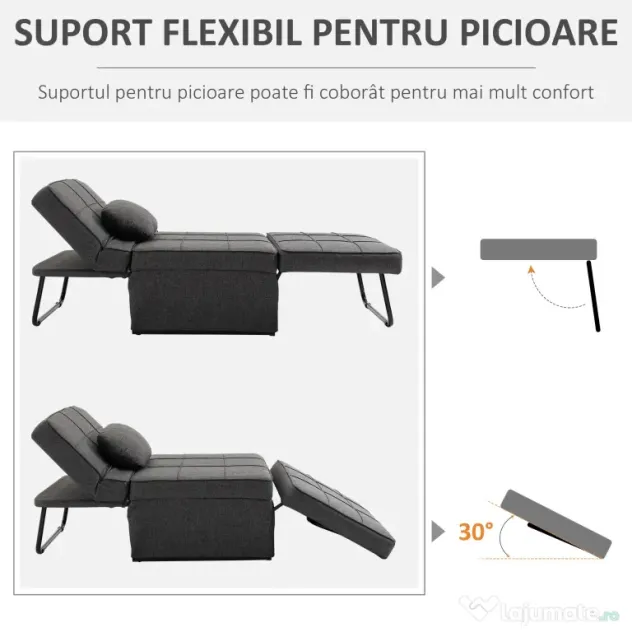 HOMCOM Canapea extensibilă cu Spătar Reglabil pe 5 Nivele și Pernă Suplimentară, 95x179x78 cm, Gri | Aosom Romania
