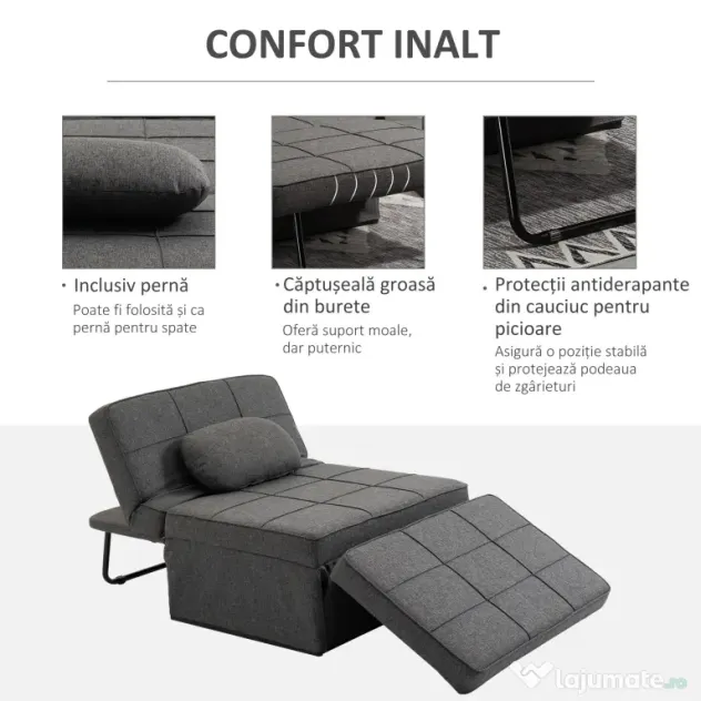 HOMCOM Canapea extensibilă cu Spătar Reglabil pe 5 Nivele și Pernă Suplimentară, 95x179x78 cm, Gri | Aosom Romania
