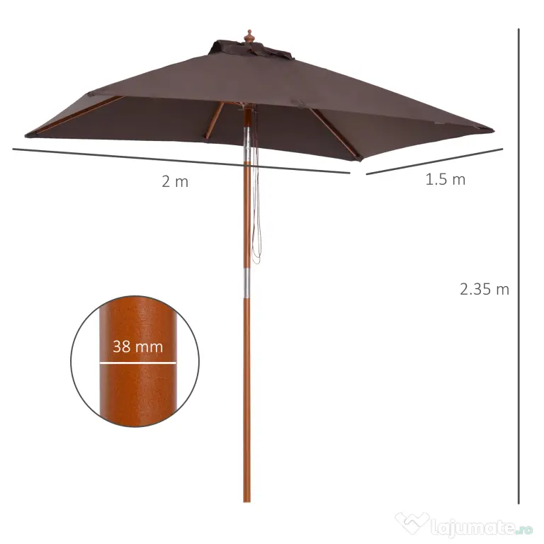 Outsunny Umbrelă de Grădină Înclinabilă cu Sistem cu Șnur și Orificiu de Ventilație, 200x150x235 cm, Cafeniu | Aosom Romania