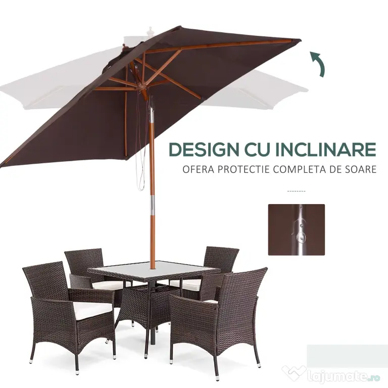 Outsunny Umbrelă de Grădină Înclinabilă cu Sistem cu Șnur și Orificiu de Ventilație, 200x150x235 cm, Cafeniu | Aosom Romania
