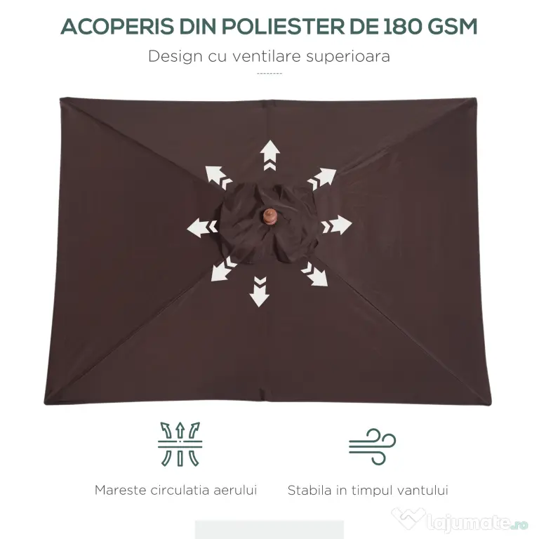 Outsunny Umbrelă de Grădină Înclinabilă cu Sistem cu Șnur și Orificiu de Ventilație, 200x150x235 cm, Cafeniu | Aosom Romania