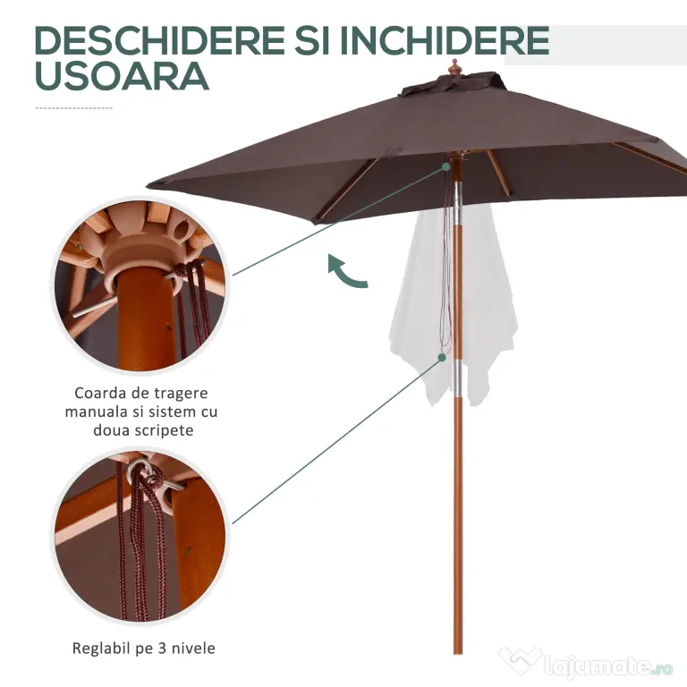 Outsunny Umbrelă de Grădină Înclinabilă cu Sistem cu Șnur și Orificiu de Ventilație, 200x150x235 cm, Cafeniu | Aosom Romania