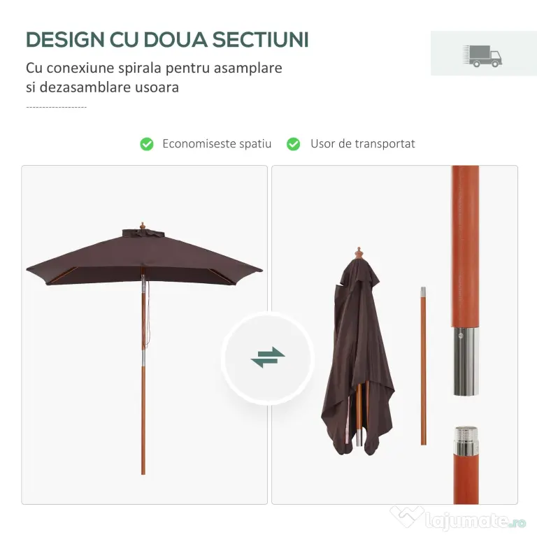 Outsunny Umbrelă de Grădină Înclinabilă cu Sistem cu Șnur și Orificiu de Ventilație, 200x150x235 cm, Cafeniu | Aosom Romania