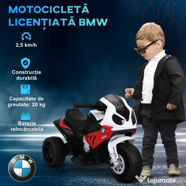 HOMCOM Motoreta Electrică pentru Copii BMW S1000RR, 3 Roti, Efecte Sonore și Luminoase, Roșu | Aosom Romania