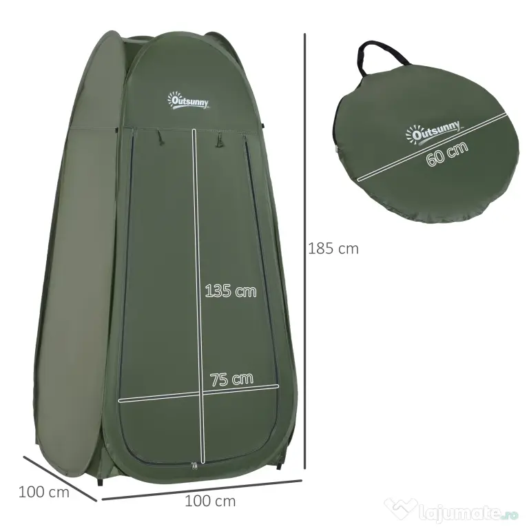 Outsunny Cort de Duș Pop Up Impermeabil cu Intrare cu Fermoar, 100x100x185 cm, Verde | Aosom Romania