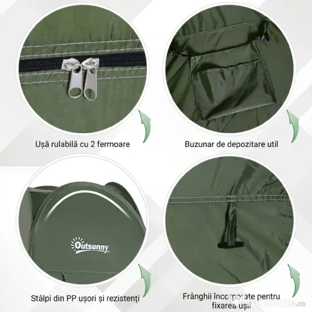 Outsunny Cort de Duș Pop Up Impermeabil cu Intrare cu Fermoar, 100x100x185 cm, Verde | Aosom Romania