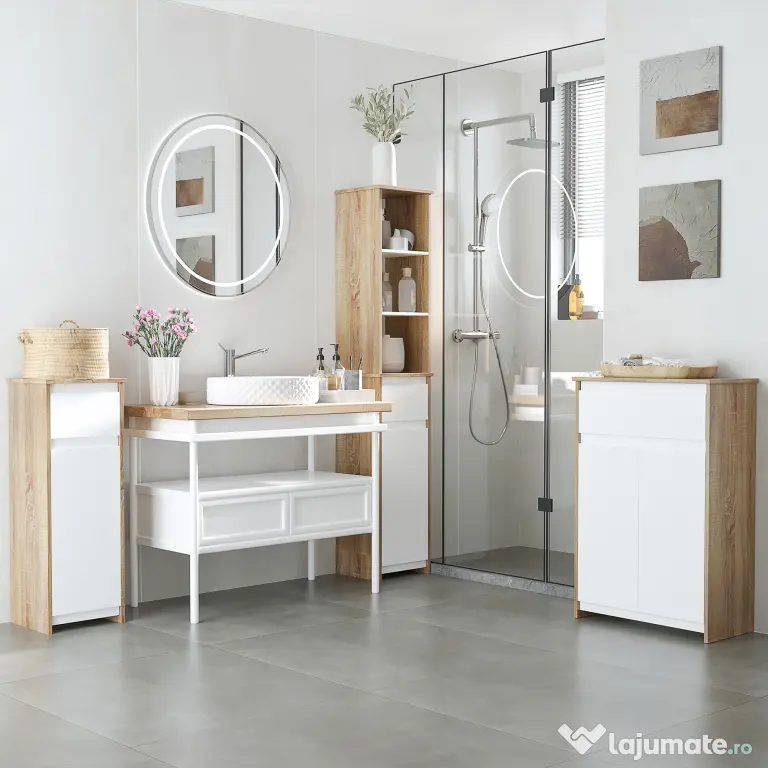 kleankin Dulap de Baie, Comodă cu 2 Niveluri și 1 Sertar din MDF, 32.6x30x90 cm, Lemn natural+Alb | Aosom Romania