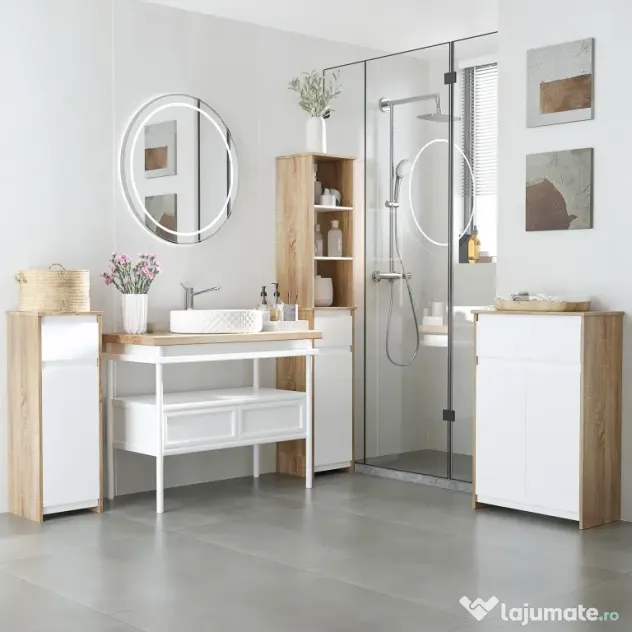 kleankin Dulap de Baie, Comodă cu 2 Niveluri și 1 Sertar din MDF, 32.6x30x90 cm, Lemn natural+Alb | Aosom Romania