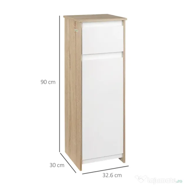 kleankin Dulap de Baie, Comodă cu 2 Niveluri și 1 Sertar din MDF, 32.6x30x90 cm, Lemn natural+Alb | Aosom Romania
