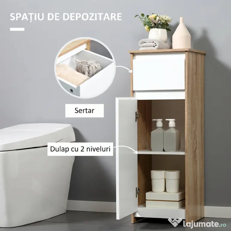 kleankin Dulap de Baie, Comodă cu 2 Niveluri și 1 Sertar din MDF, 32.6x30x90 cm, Lemn natural+Alb | Aosom Romania